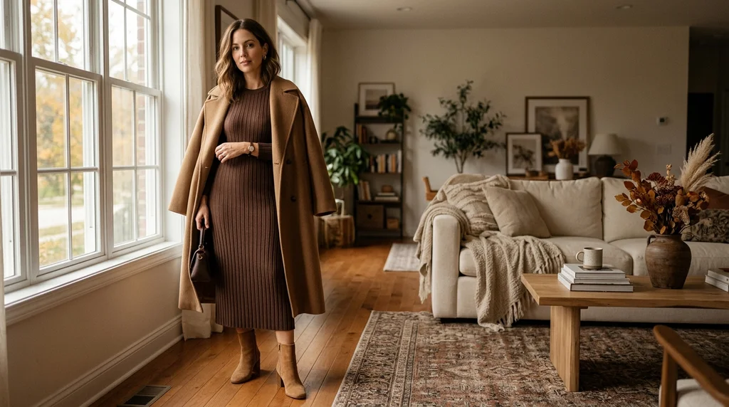 thanksgiving outfits: chocolate knit midi dress with suede ankle boots