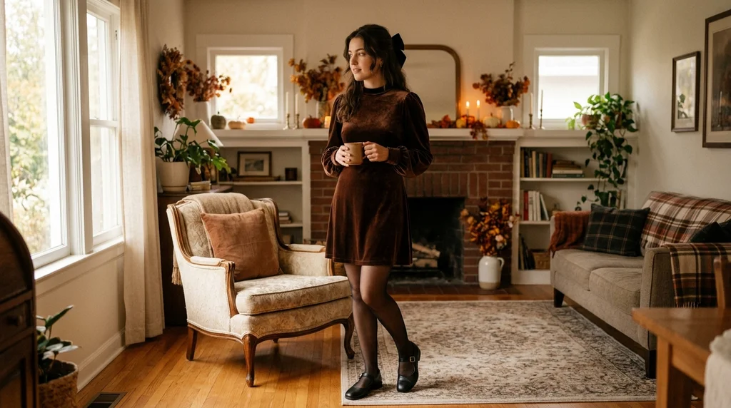 friendsgiving outfit ideas: chocolate velvet mini dress with mary janes