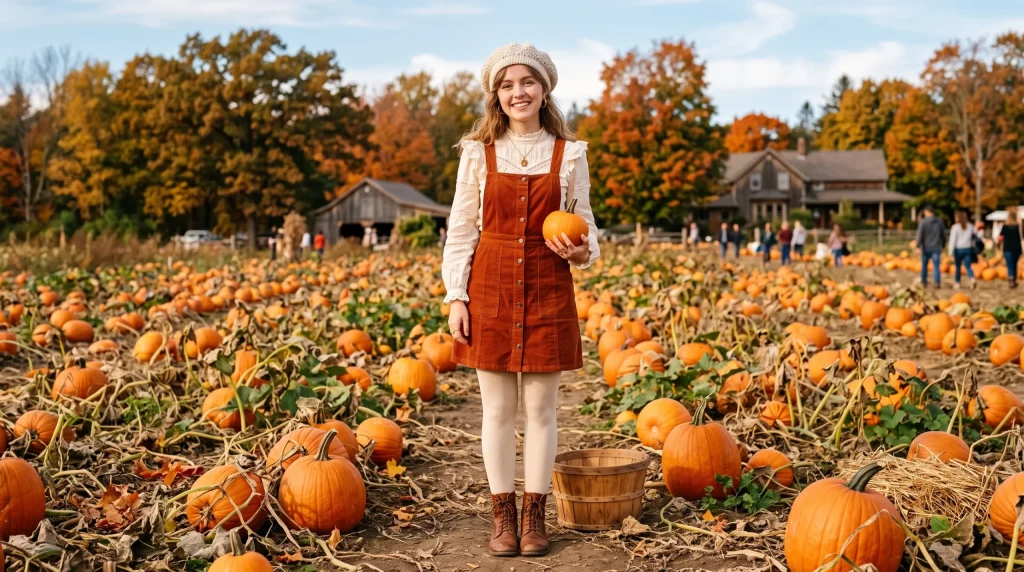 Ruffled blouse with corduroy pinafore coquette fall outfit