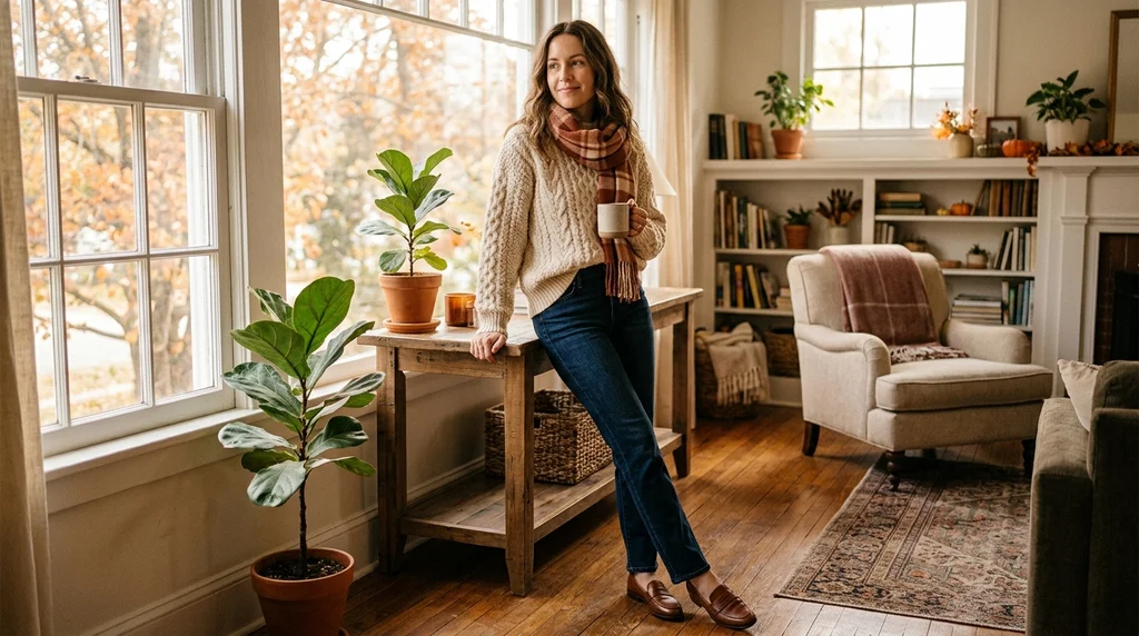 thanksgiving outfits: cream cable knit sweater with dark stretch jeans