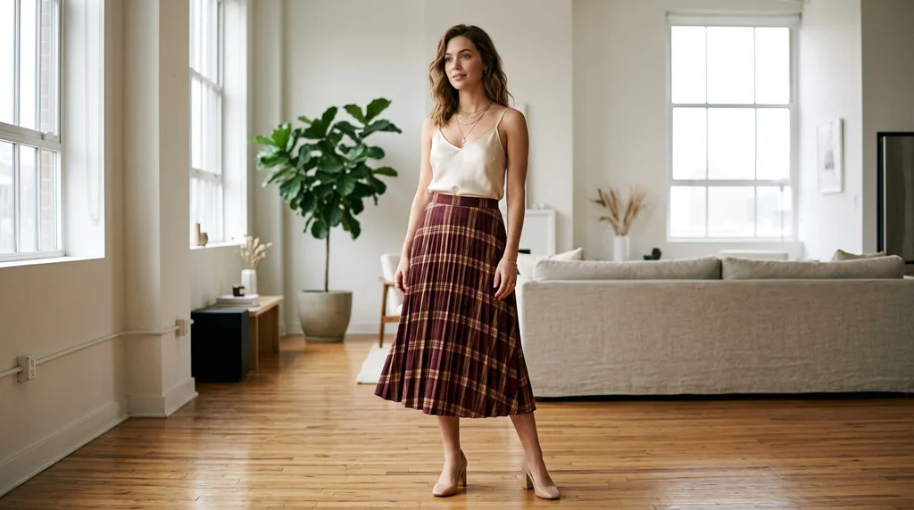 friendsgiving outfit ideas: cream satin cami with plaid midi skirt