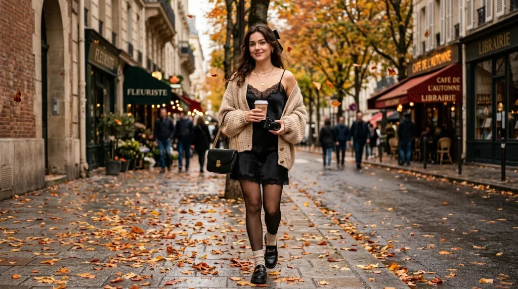 Lace camisole and oversized cardigan coquette fall outfit