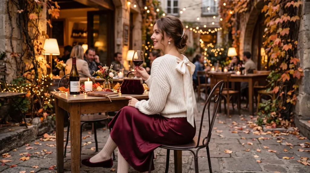 Bow-back sweater with satin slip skirt coquette fall outfit
