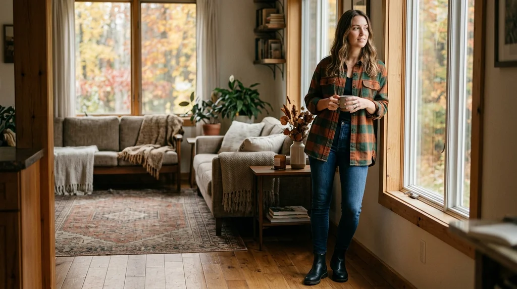 thanksgiving outfits: plaid flannel shirt with dark jeans for casual thanksgiving