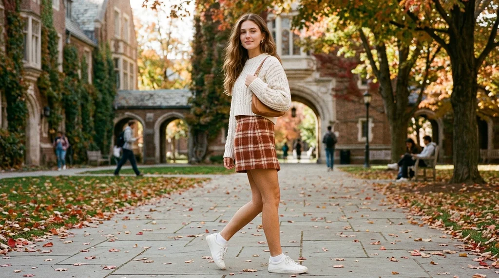 friendsgiving outfit ideas: plaid mini skirt with cropped cream sweater and sneakers