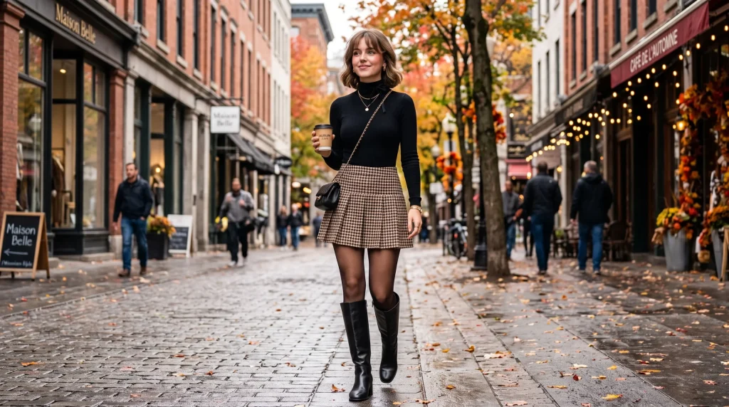 Houndstooth mini skirt and turtleneck coquette fall outfit