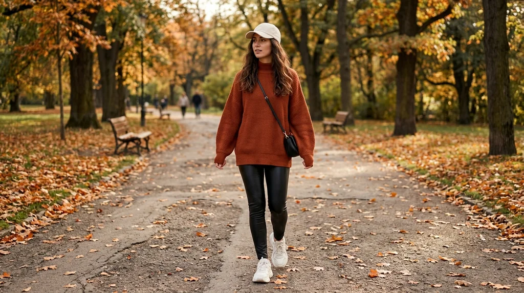 friendsgiving outfit ideas: faux leather leggings with rust oversized sweater and chunky sneakers