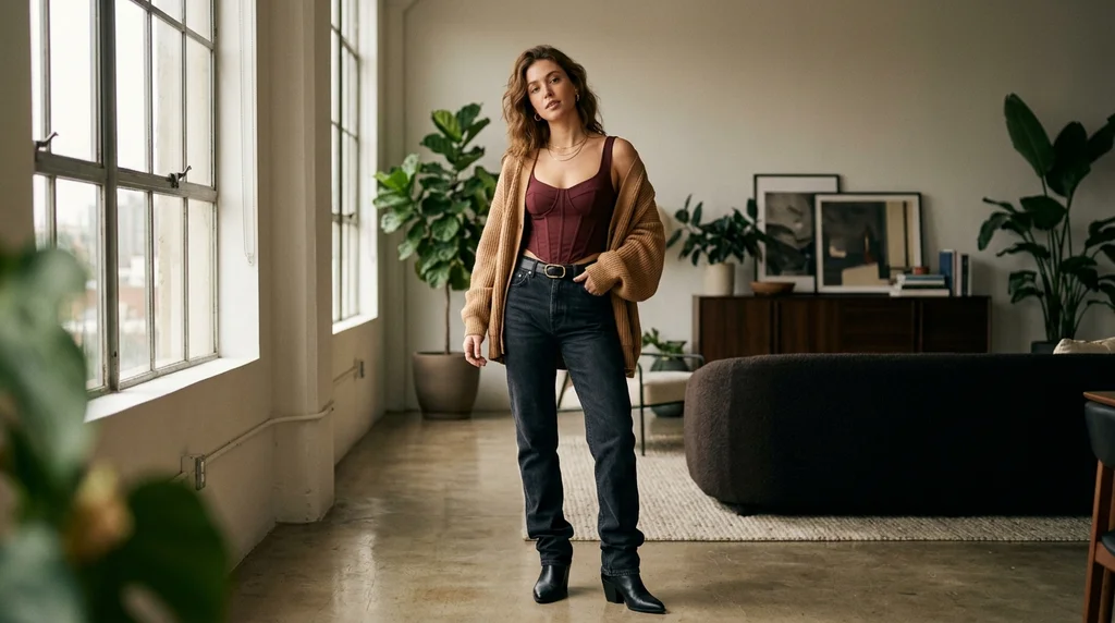 friendsgiving outfit ideas: dark jeans with burgundy corset top and camel cardigan
