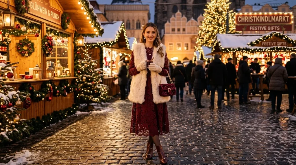 Cream faux-fur vest over burgundy lace dress coquette fall outfit