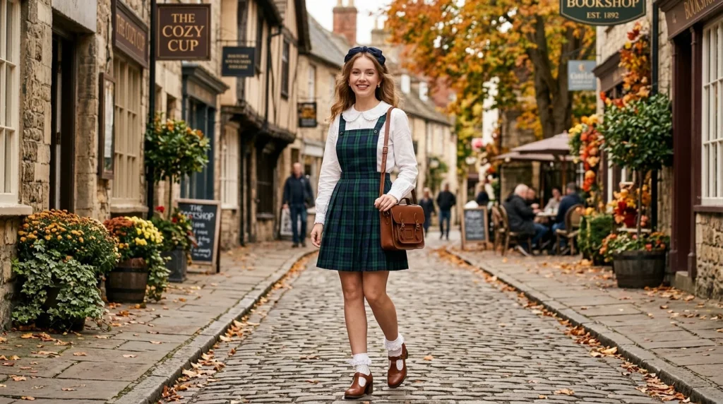 Plaid pinafore with Peter Pan collar blouse coquette fall outfit