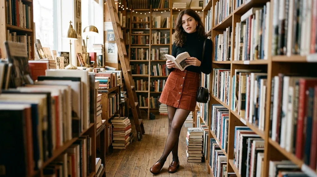 friendsgiving outfit ideas: rust corduroy mini skirt with black turtleneck
