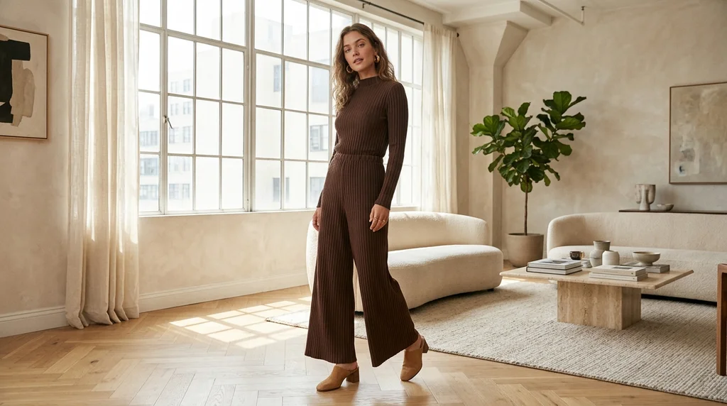 friendsgiving outfit ideas: chocolate knit jumpsuit with gold hoops