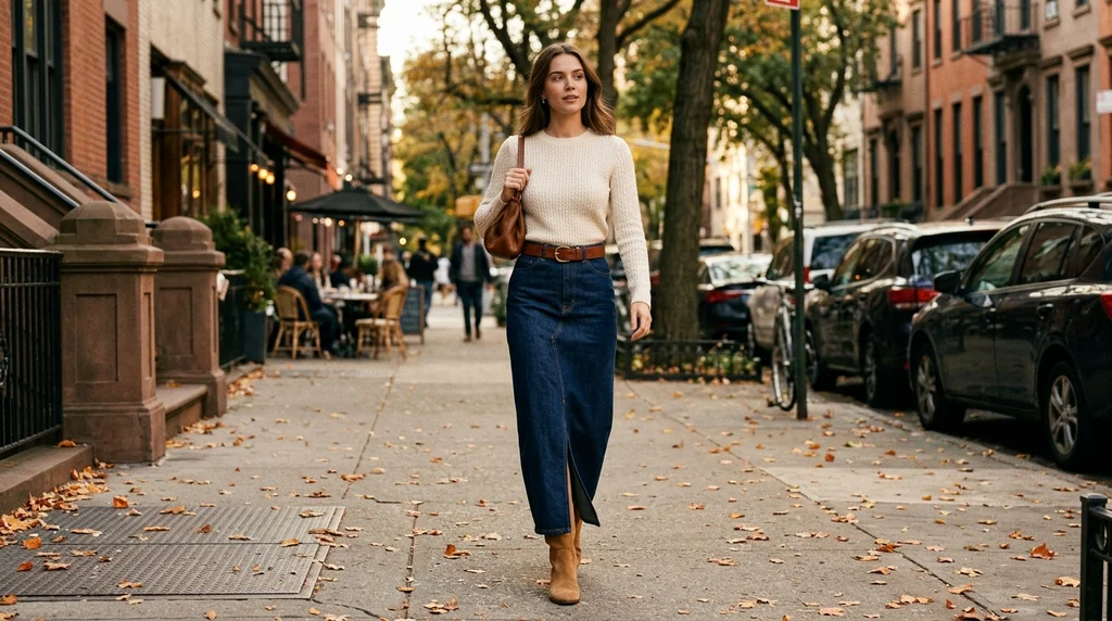 friendsgiving outfit ideas: denim maxi skirt with cream knit and ankle boots