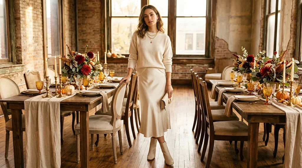 friendsgiving outfit ideas: all cream monochrome outfit with satin skirt