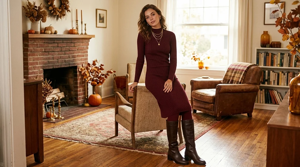 friendsgiving outfit ideas: burgundy monochrome knit dress with boots
