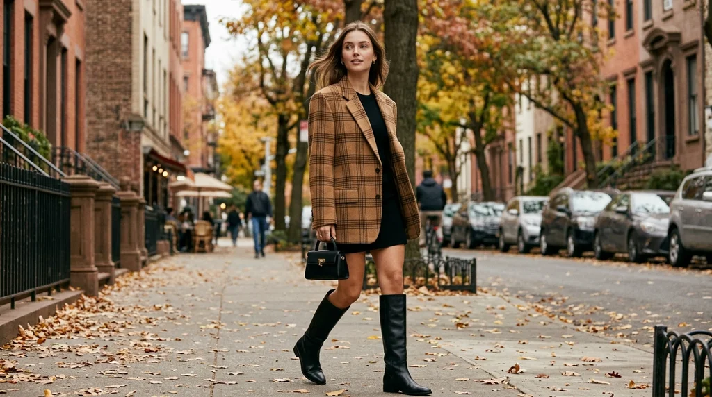 friendsgiving outfit ideas: plaid blazer with black mini dress and knee boots