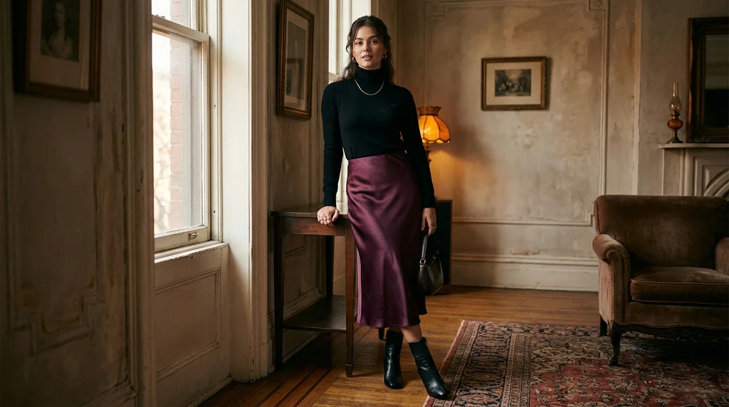 friendsgiving outfit ideas: deep plum slip skirt with black turtleneck