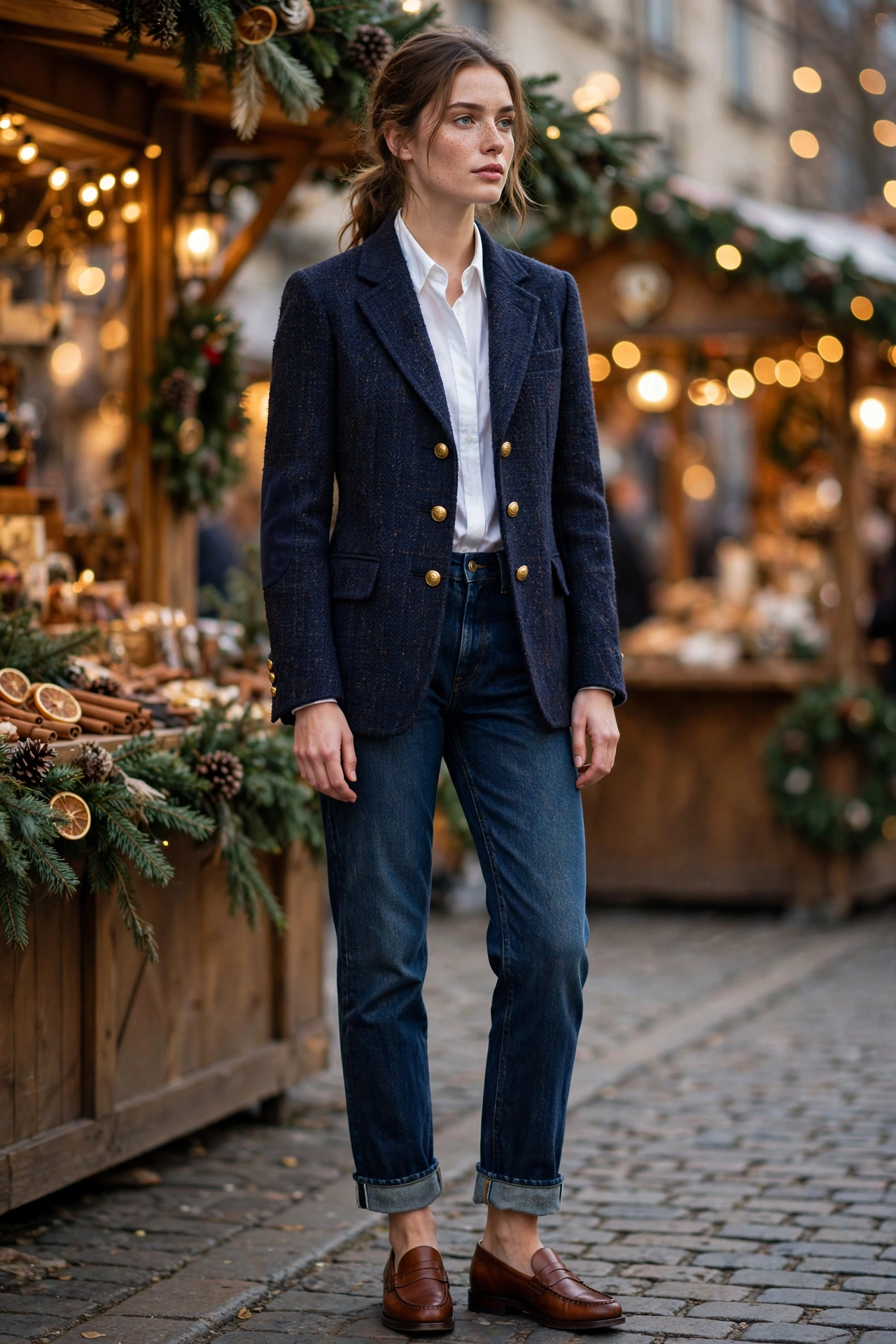 Woman wearing a navy tweed blazer with gold buttons and dark jeans Ralph Lauren Christmas outfit