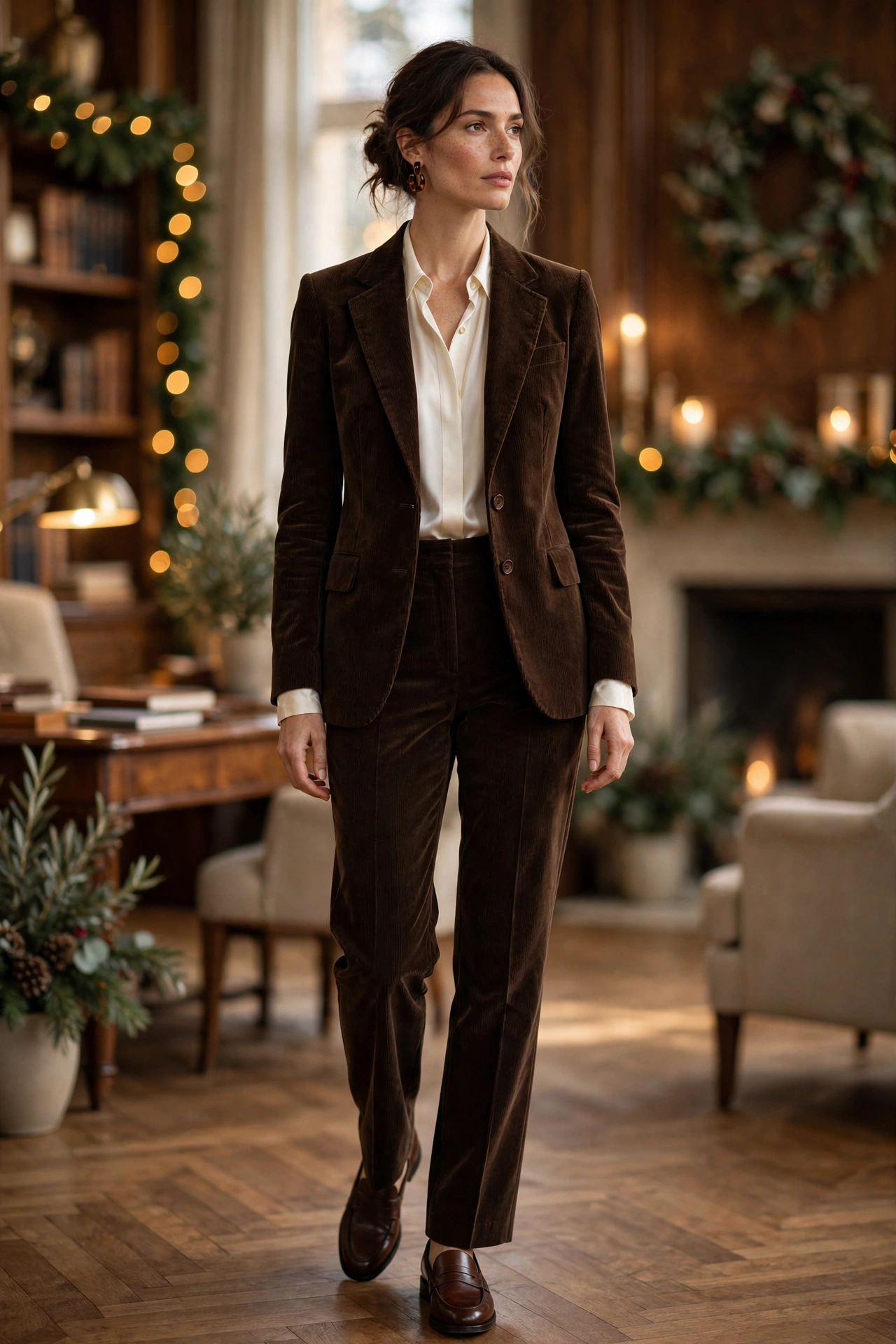 Woman wearing an espresso brown corduroy blazer suit with ivory silk blouse Ralph Lauren Christmas outfit