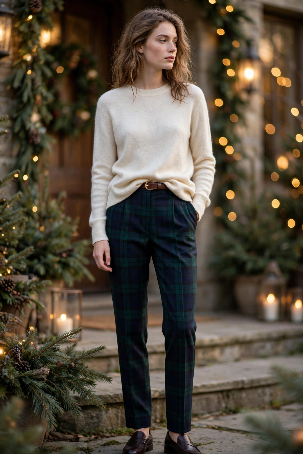 Woman wearing Black Watch tartan trousers with cream cashmere crewneck Ralph Lauren Christmas outfit