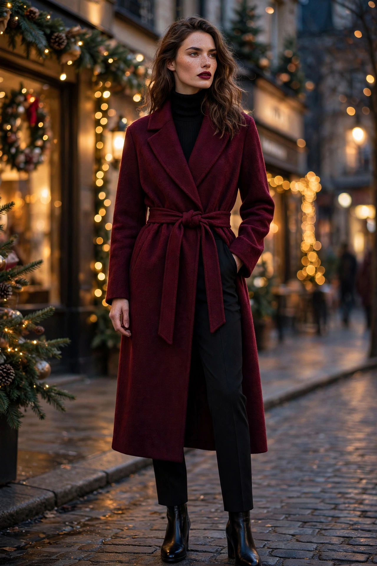 Woman wearing a burgundy wrap coat over black outfit Ralph Lauren Christmas look
