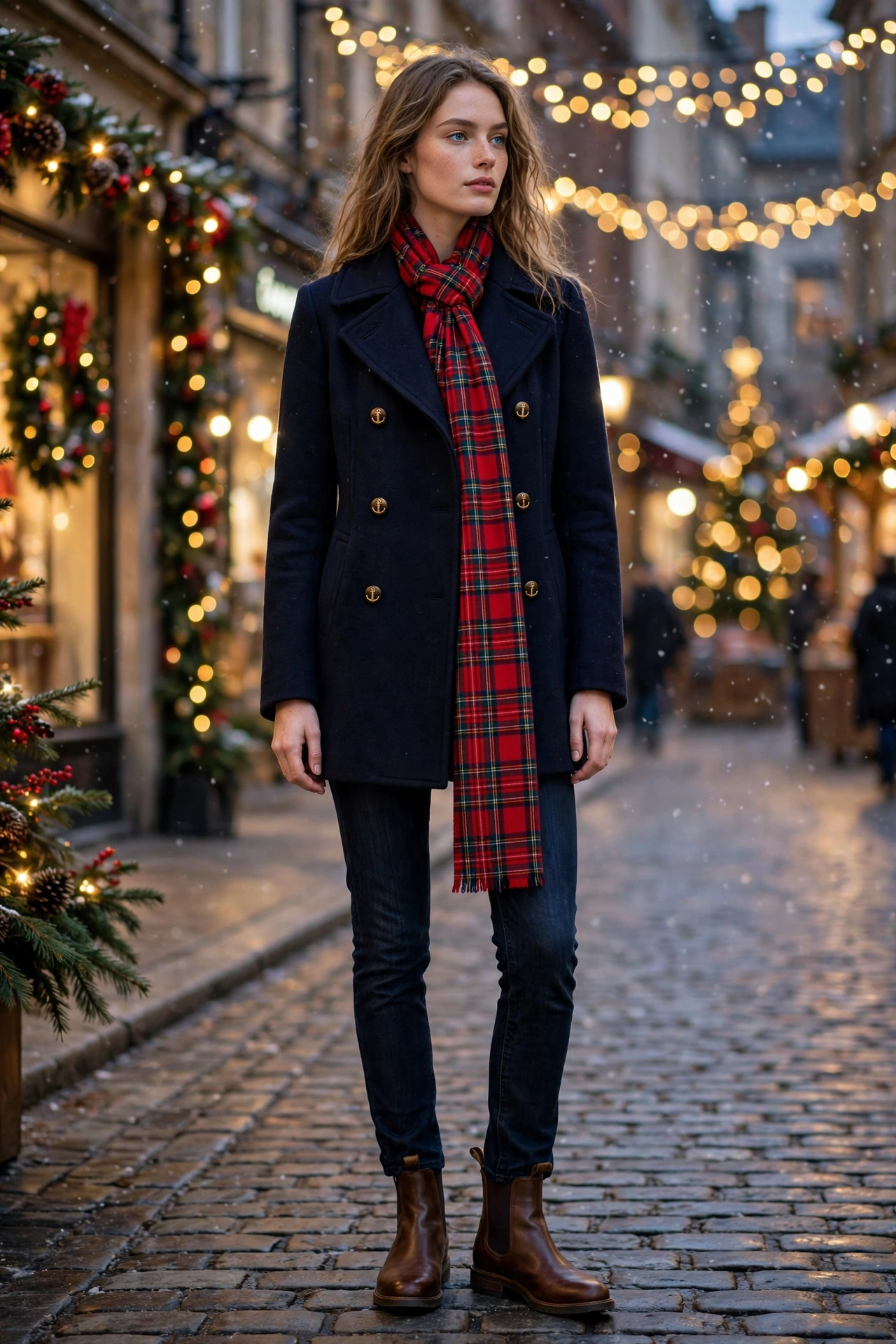 Woman wearing a navy peacoat with gold buttons and red tartan scarf Ralph Lauren Christmas outfit