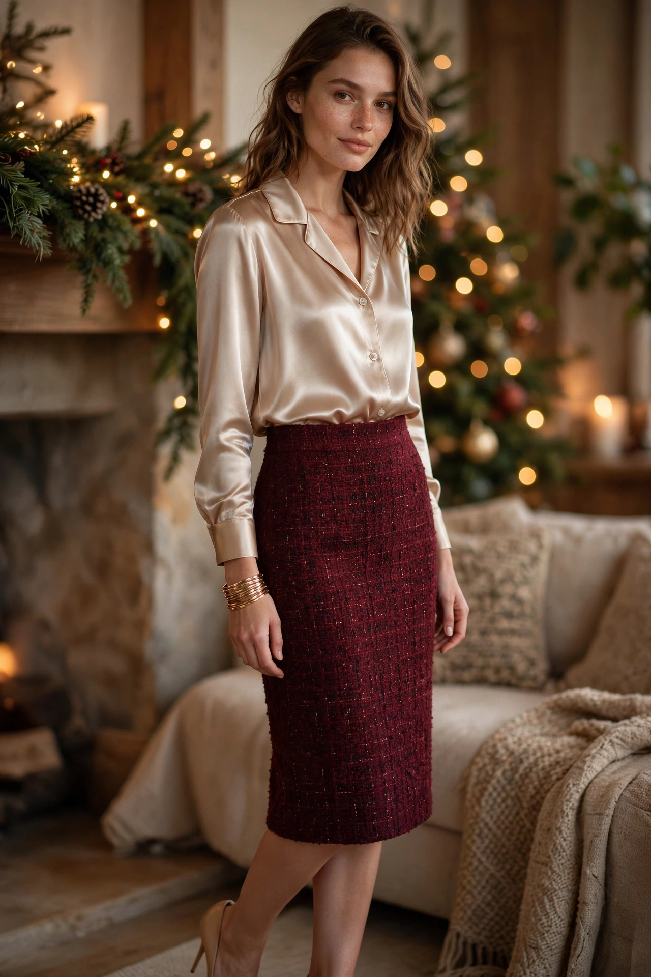 Woman wearing a champagne satin blouse with burgundy tweed pencil skirt Ralph Lauren Christmas outfit