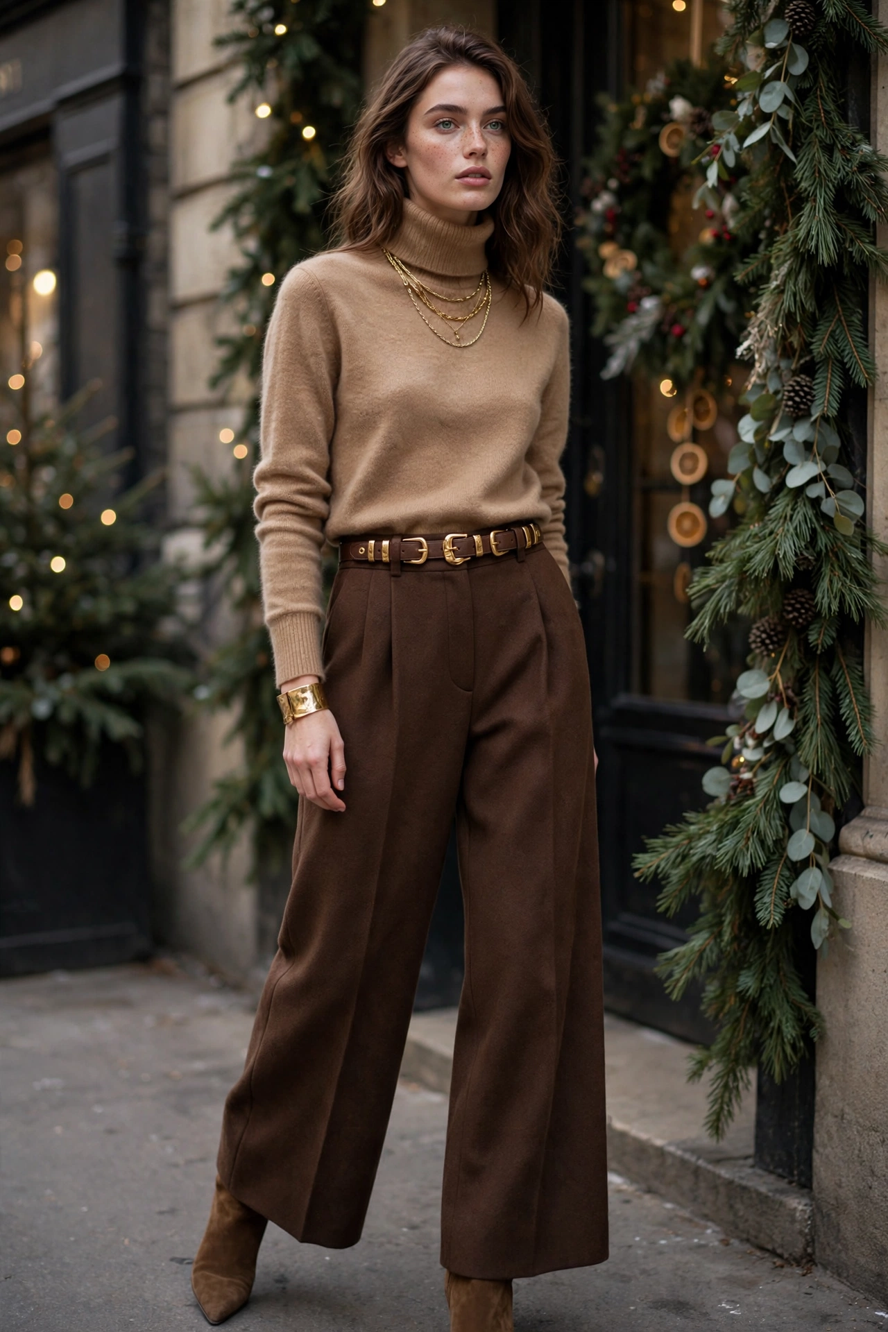 Woman wearing a camel turtleneck with chocolate brown wide leg trousers and gold jewelry, a Ralph Lauren Christmas outfit