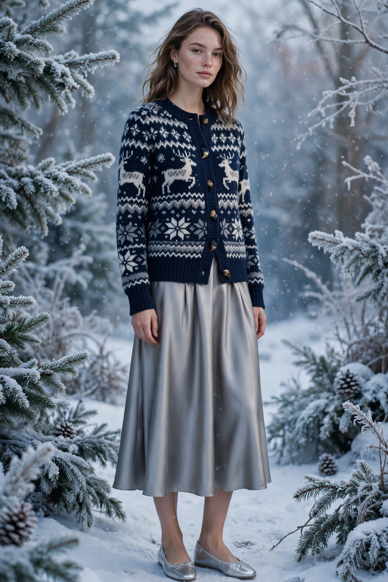 Woman wearing a navy Fair Isle cardigan with silver grey satin midi skirt, a Ralph Lauren Christmas outfit