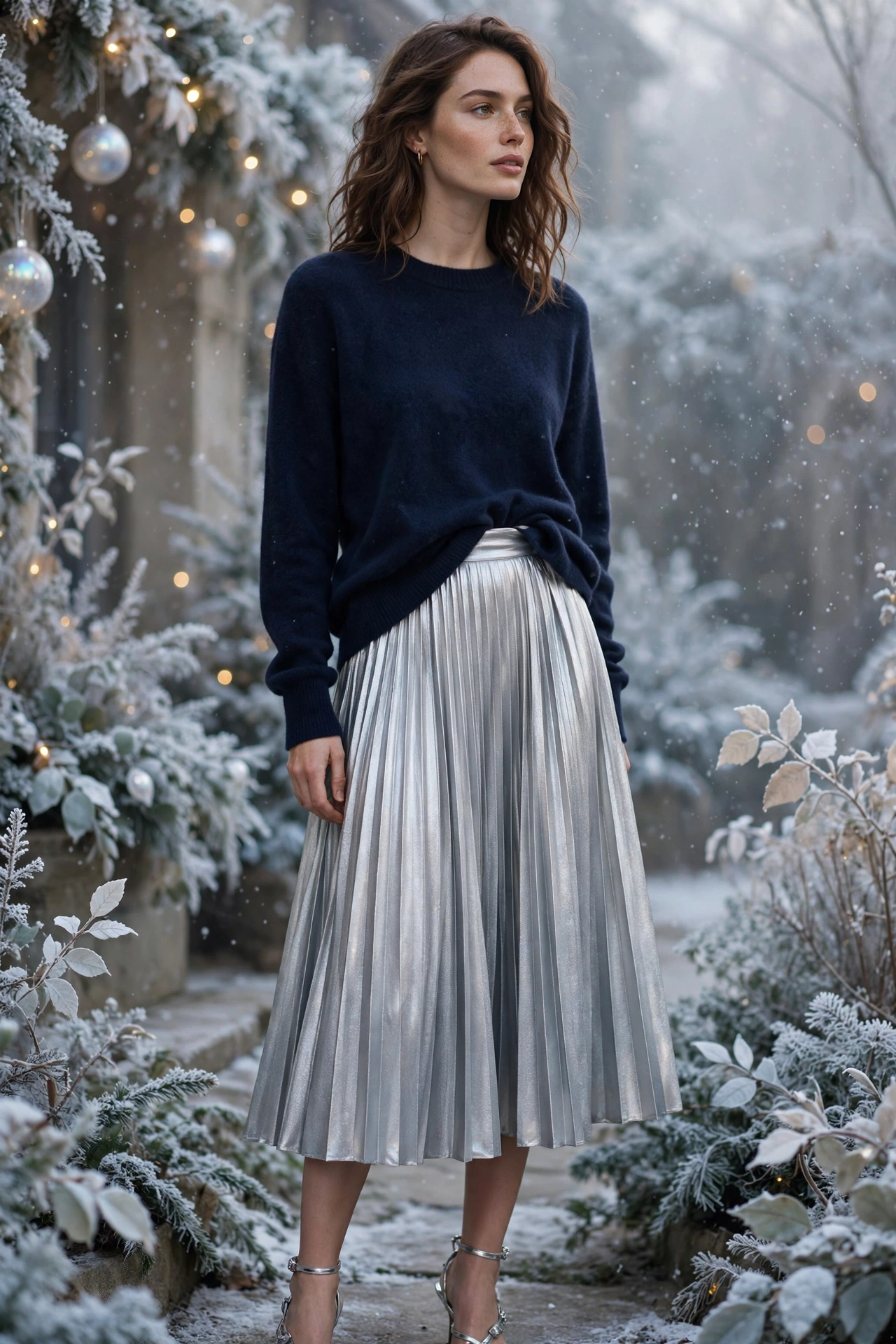 Woman wearing a navy cashmere sweater with icy silver pleated skirt, a Ralph Lauren Christmas party outfit