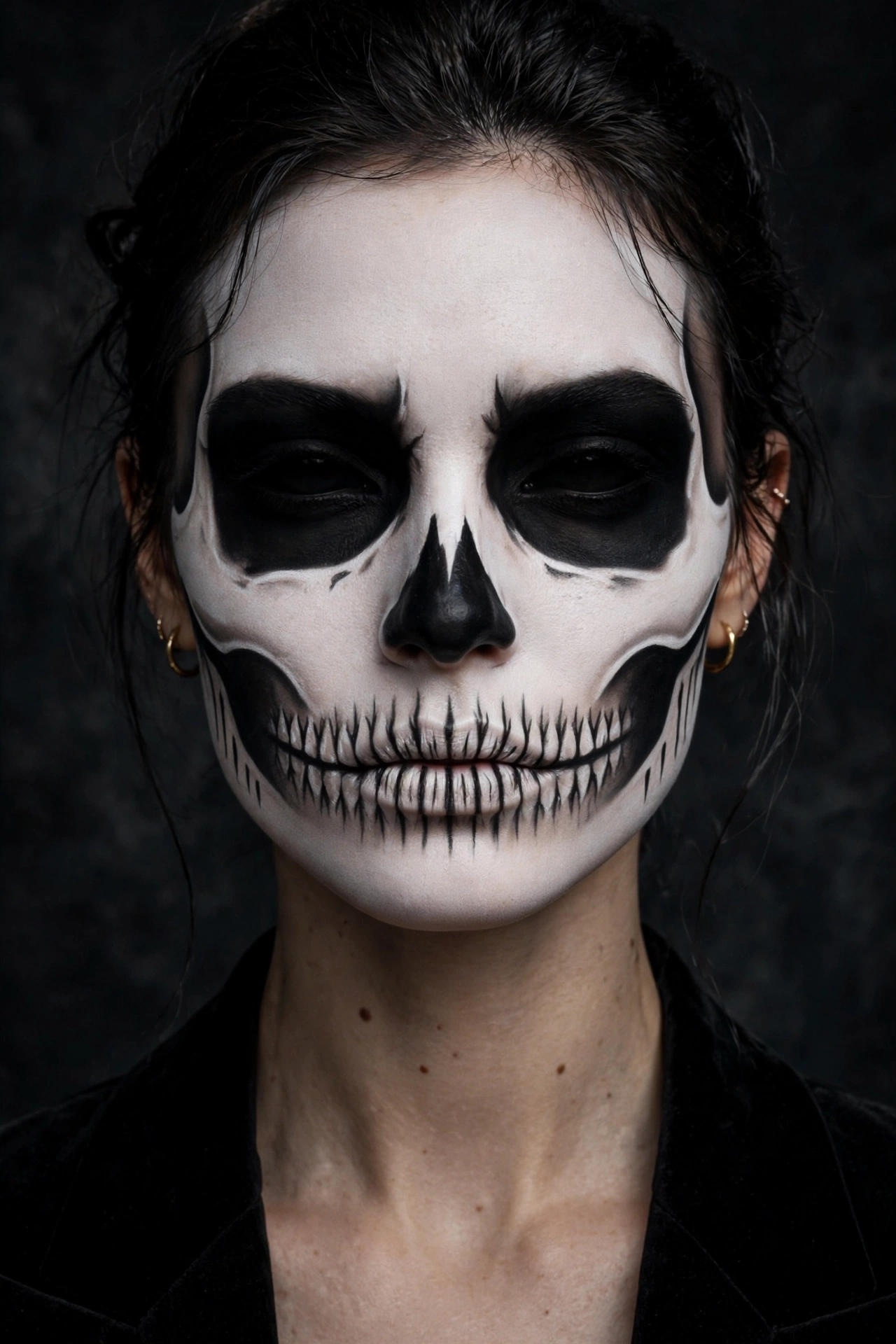 Classic full face skeleton Halloween makeup on a real woman with white base and black eye sockets