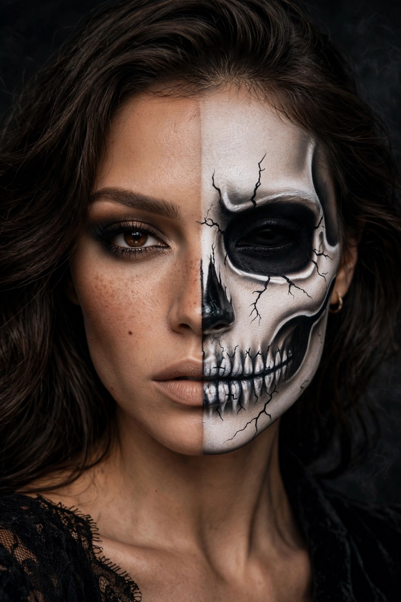 Half face glam skeleton Halloween makeup split look on a real woman with smoky eye on one side