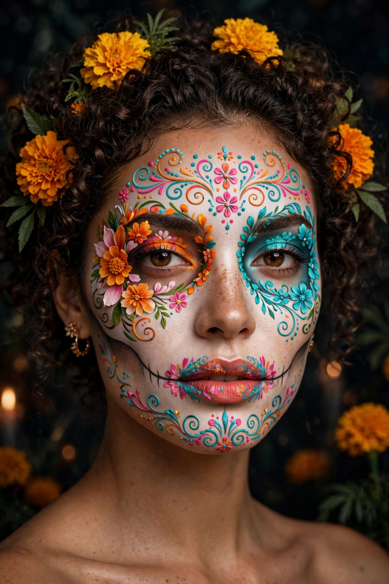 Colorful sugar skull Halloween makeup with floral patterns on a real woman