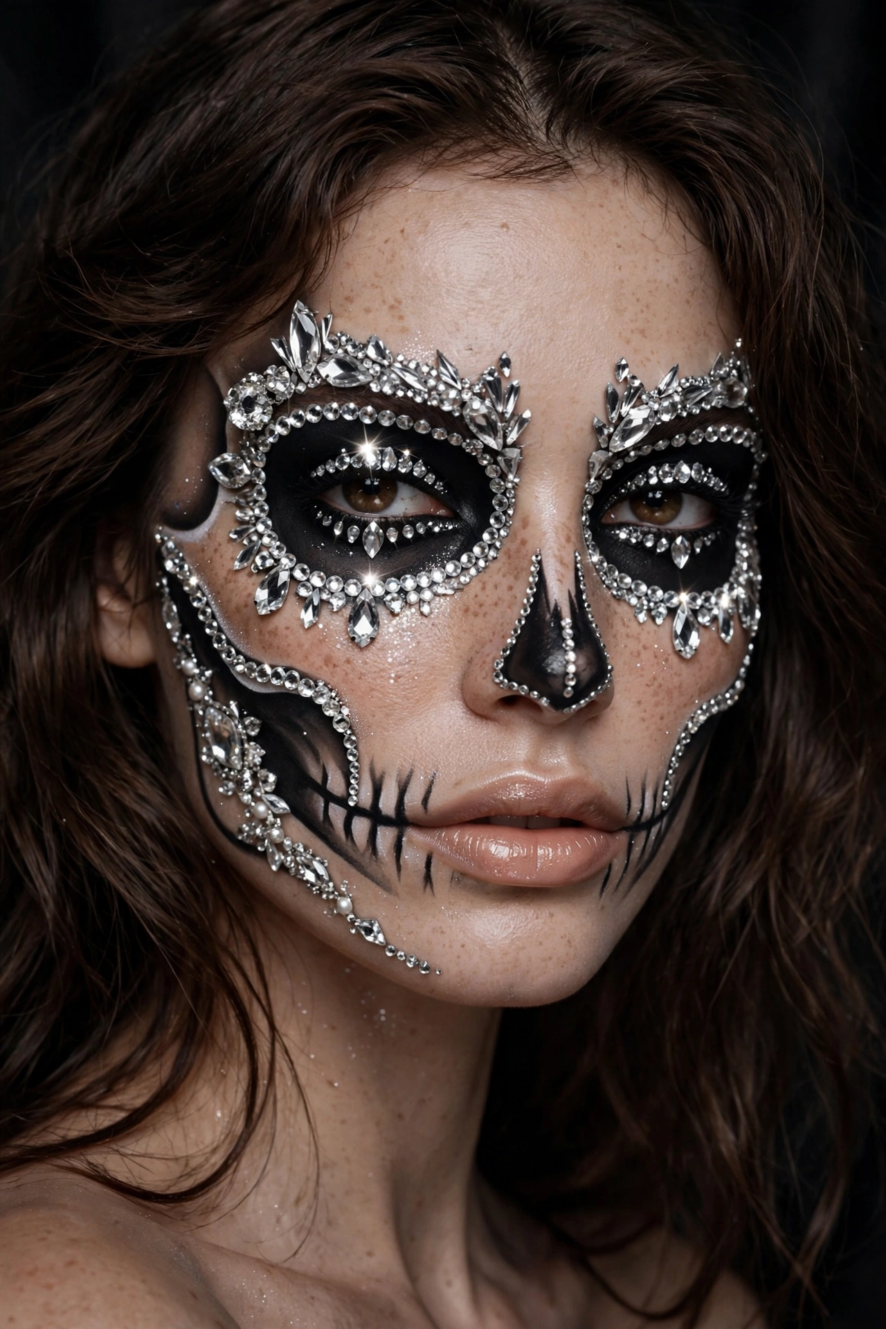 Rhinestone glam skeleton Halloween makeup with crystals around eye sockets on a real woman