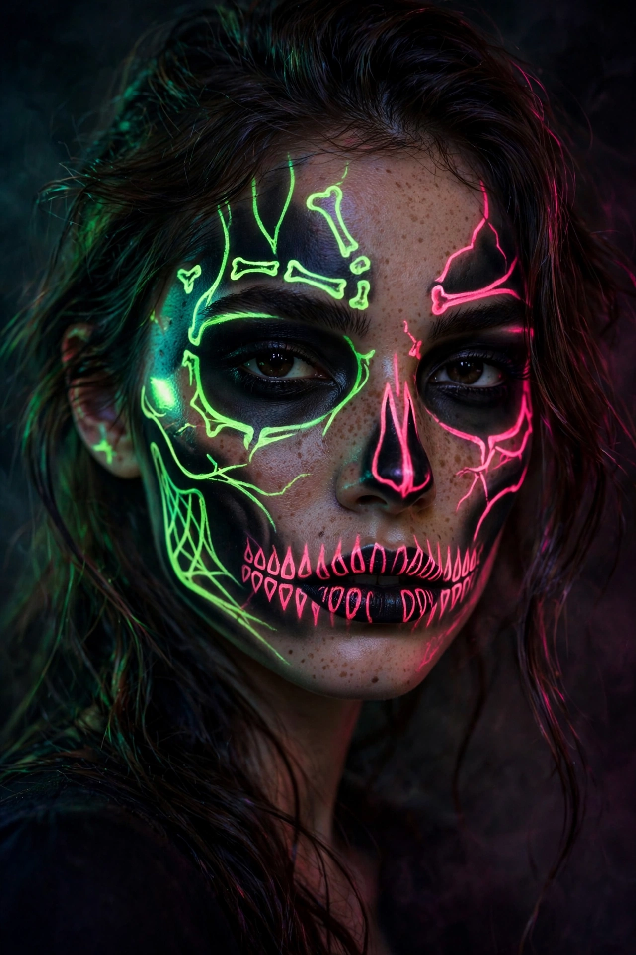 Neon UV skeleton Halloween makeup with glowing green and pink lines on a real woman
