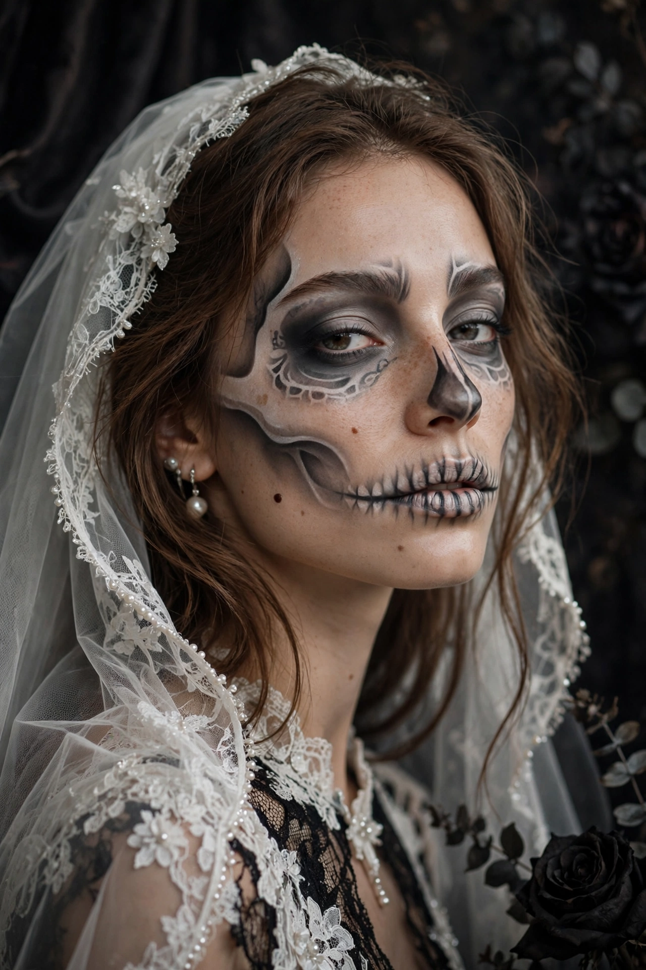 Skeleton bride Halloween makeup with white lace veil on a real woman