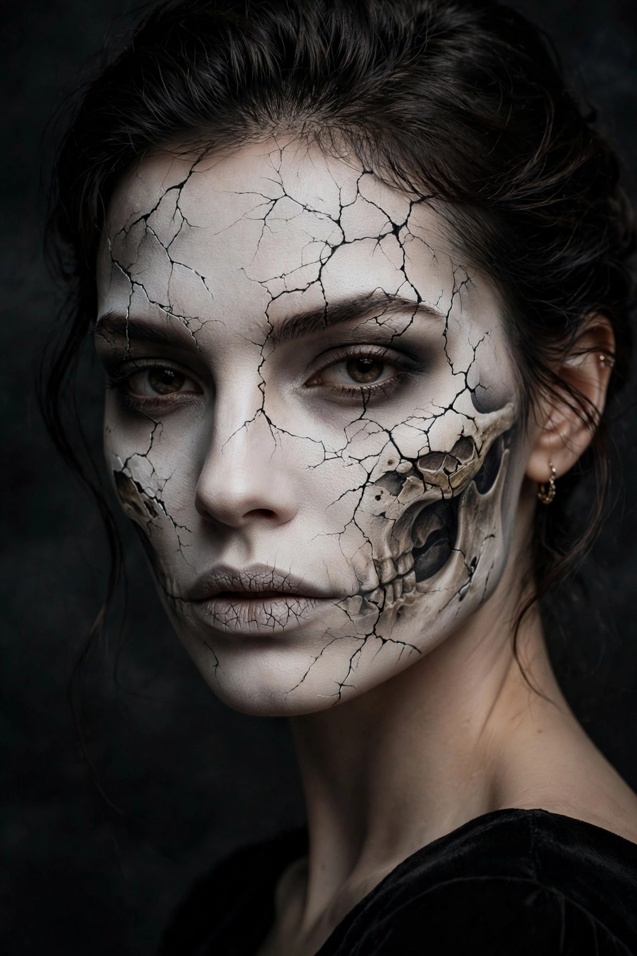 Cracked porcelain doll skeleton Halloween makeup with fine crack lines on a real woman