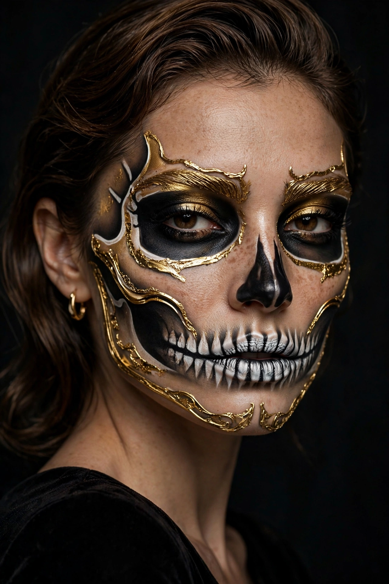 Gold metallic skeleton Halloween makeup with gold accents on cheekbones on a real woman