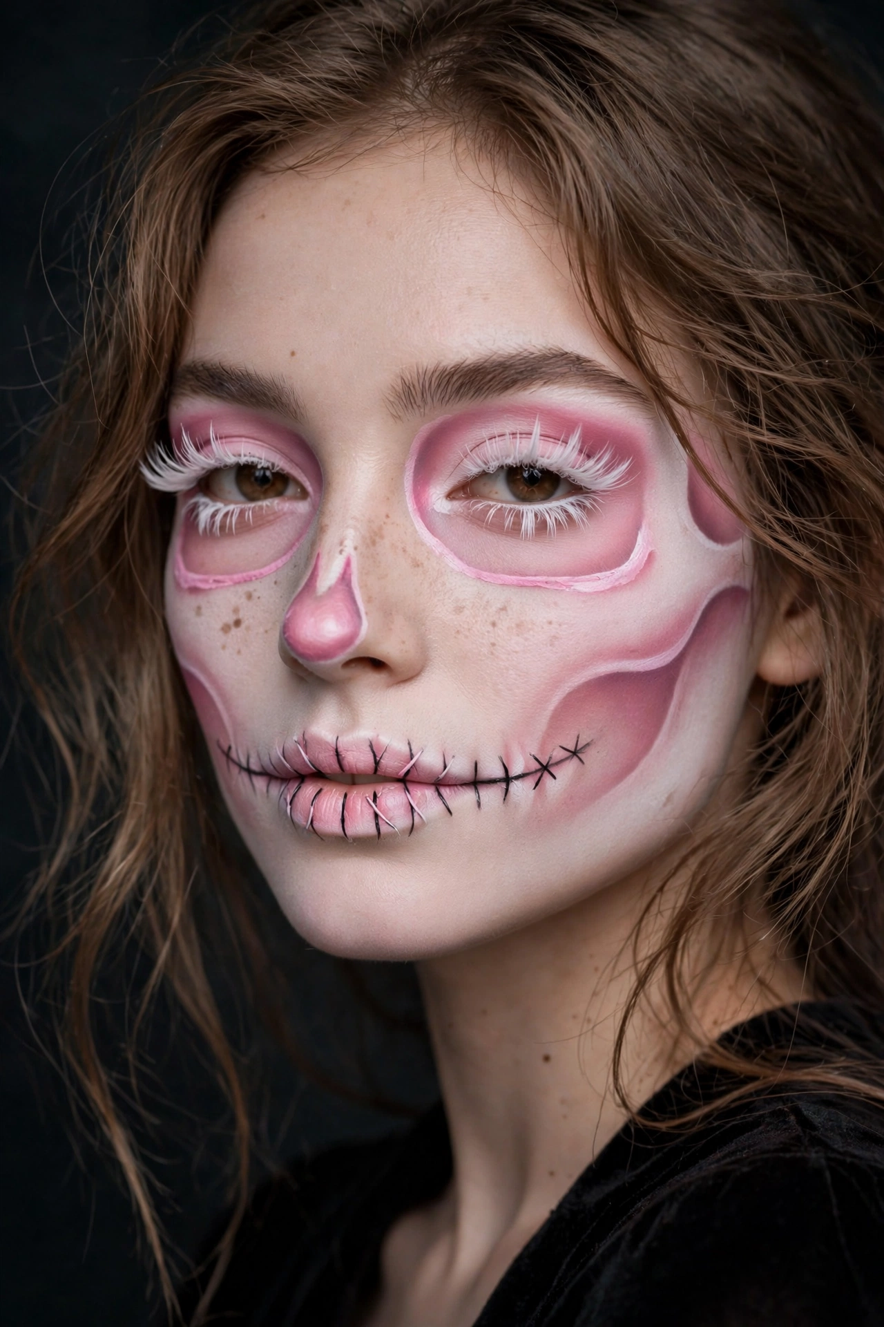 Cute pastel pink skeleton Halloween makeup soft pretty look on a real woman