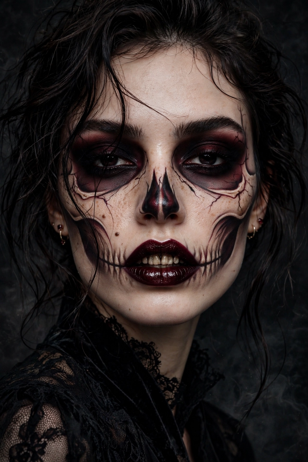 Gothic smoky skeleton Halloween makeup with burgundy shading and dark romantic mood on a real woman