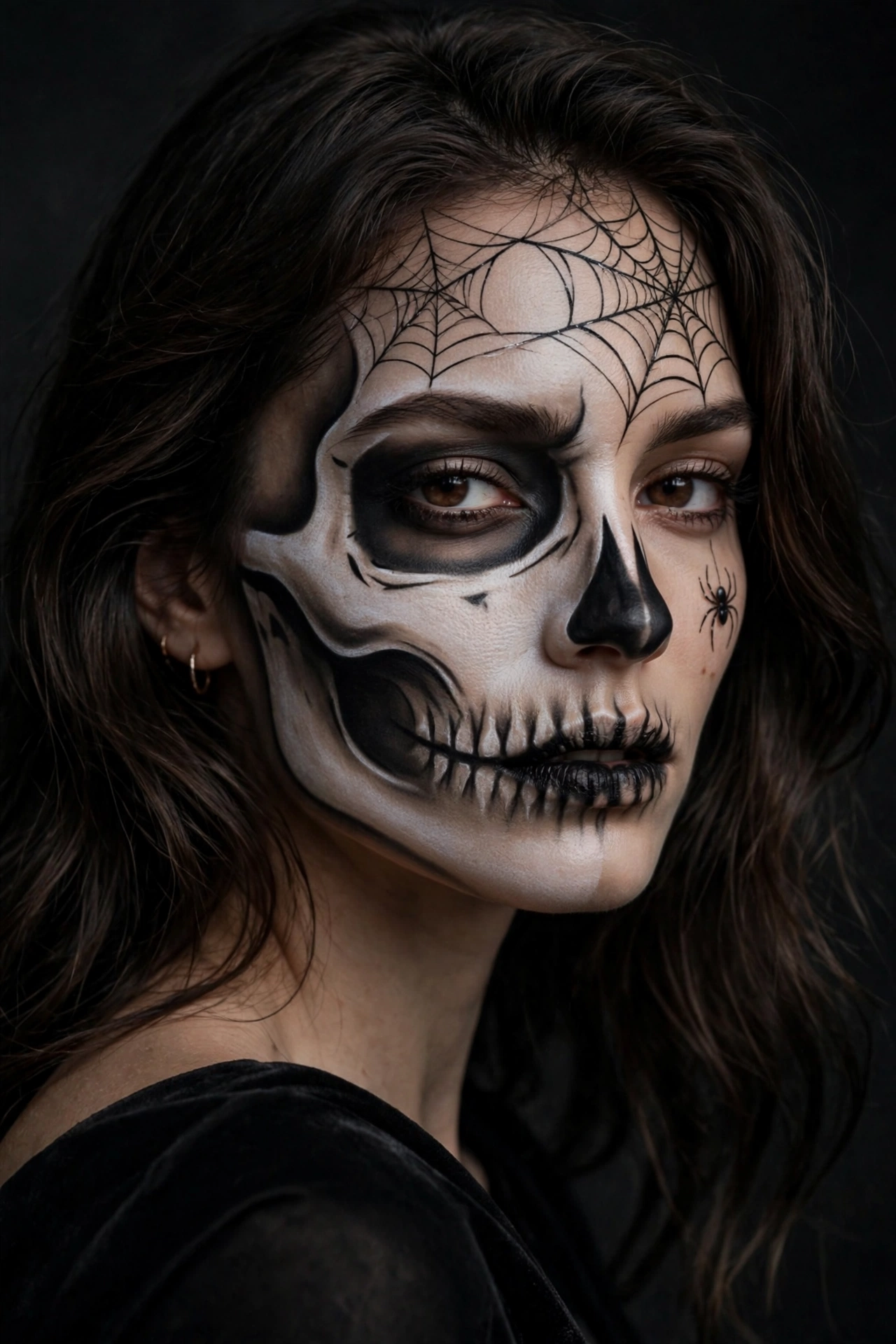 Spiderweb skeleton Halloween makeup with delicate black web lines on forehead on a real woman