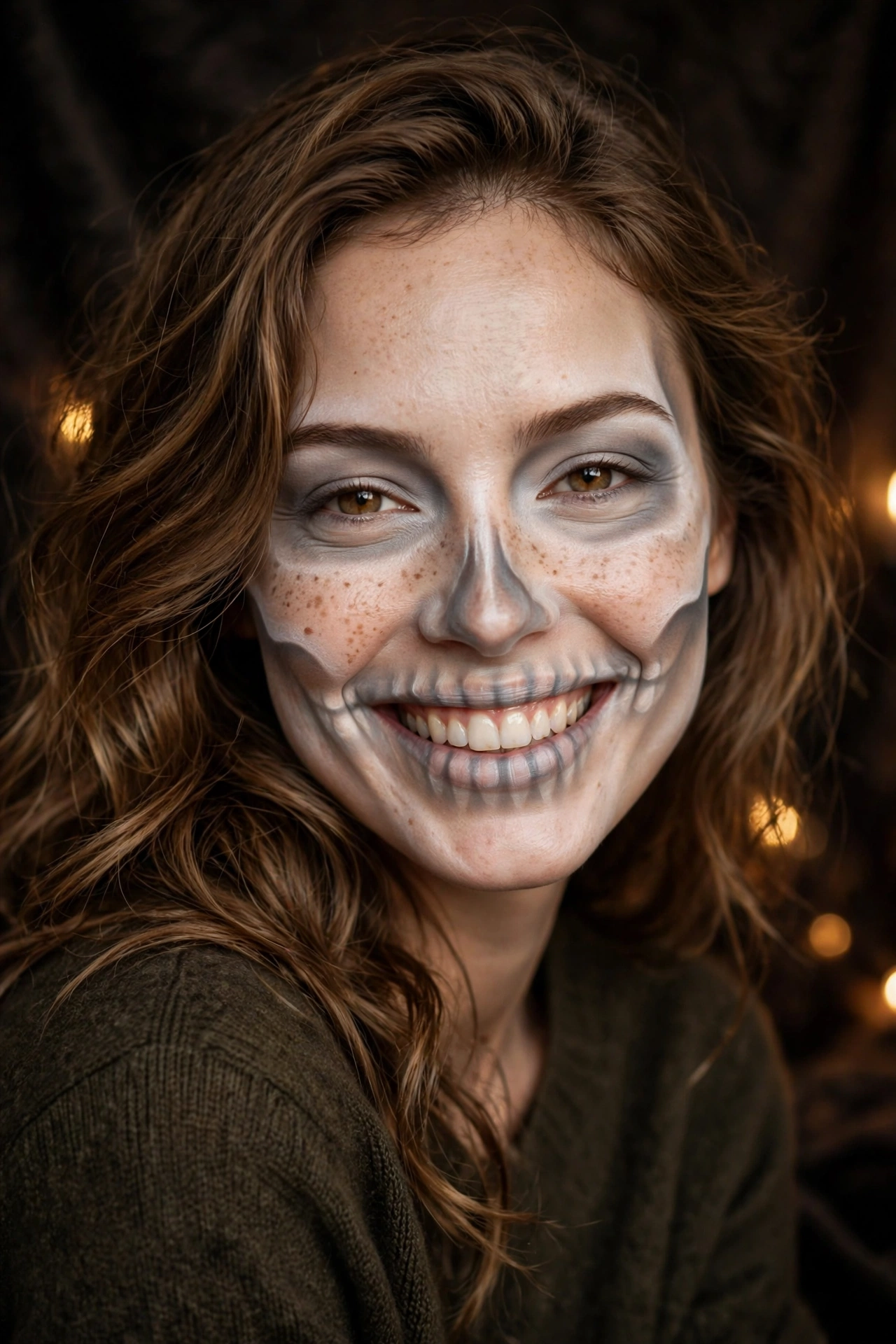 Soft family friendly skeleton Halloween makeup with gentle grey shading on a smiling real woman