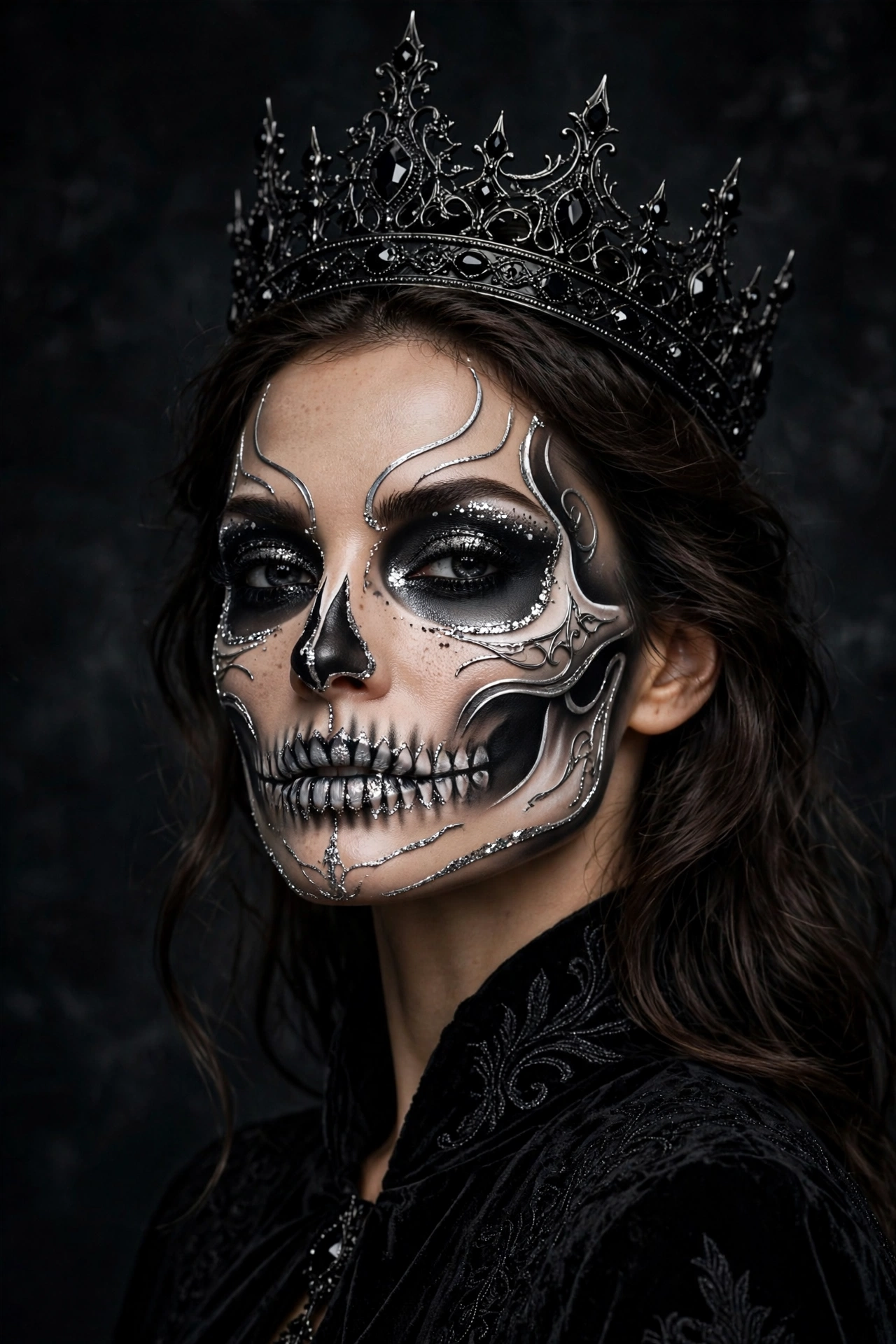 Skeleton queen Halloween makeup with black crown regal look on a real woman