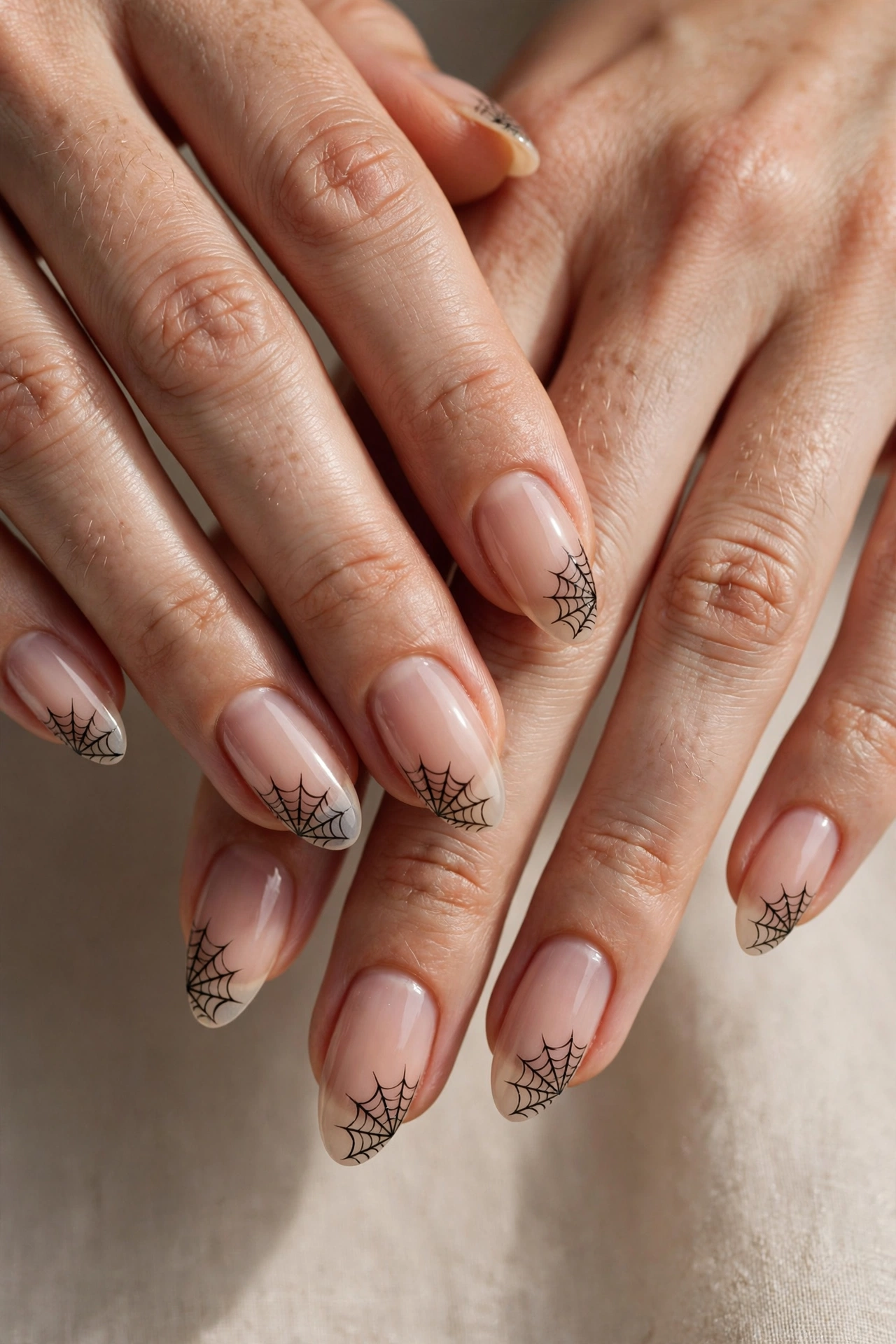 Spiderweb Halloween nails classic black web on nude almond nails on real hands