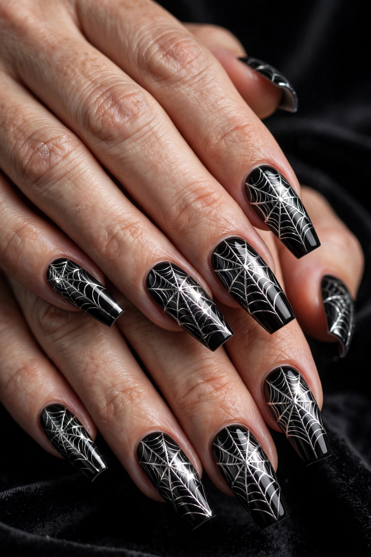 Spiderweb Halloween nails silver chrome web on black coffin nails on real hands
