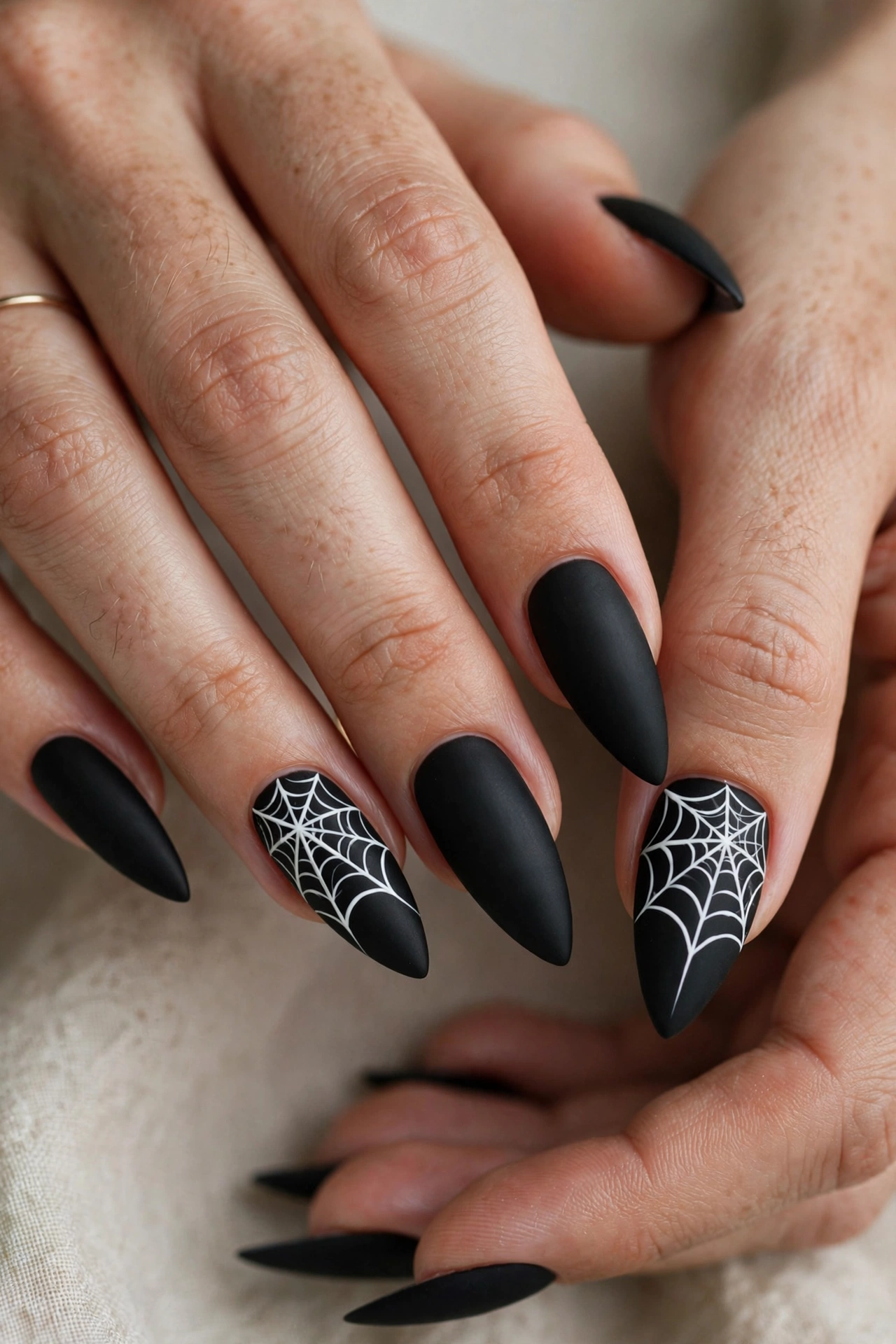 Spiderweb Halloween nails white web on matte black stiletto nails on real hands