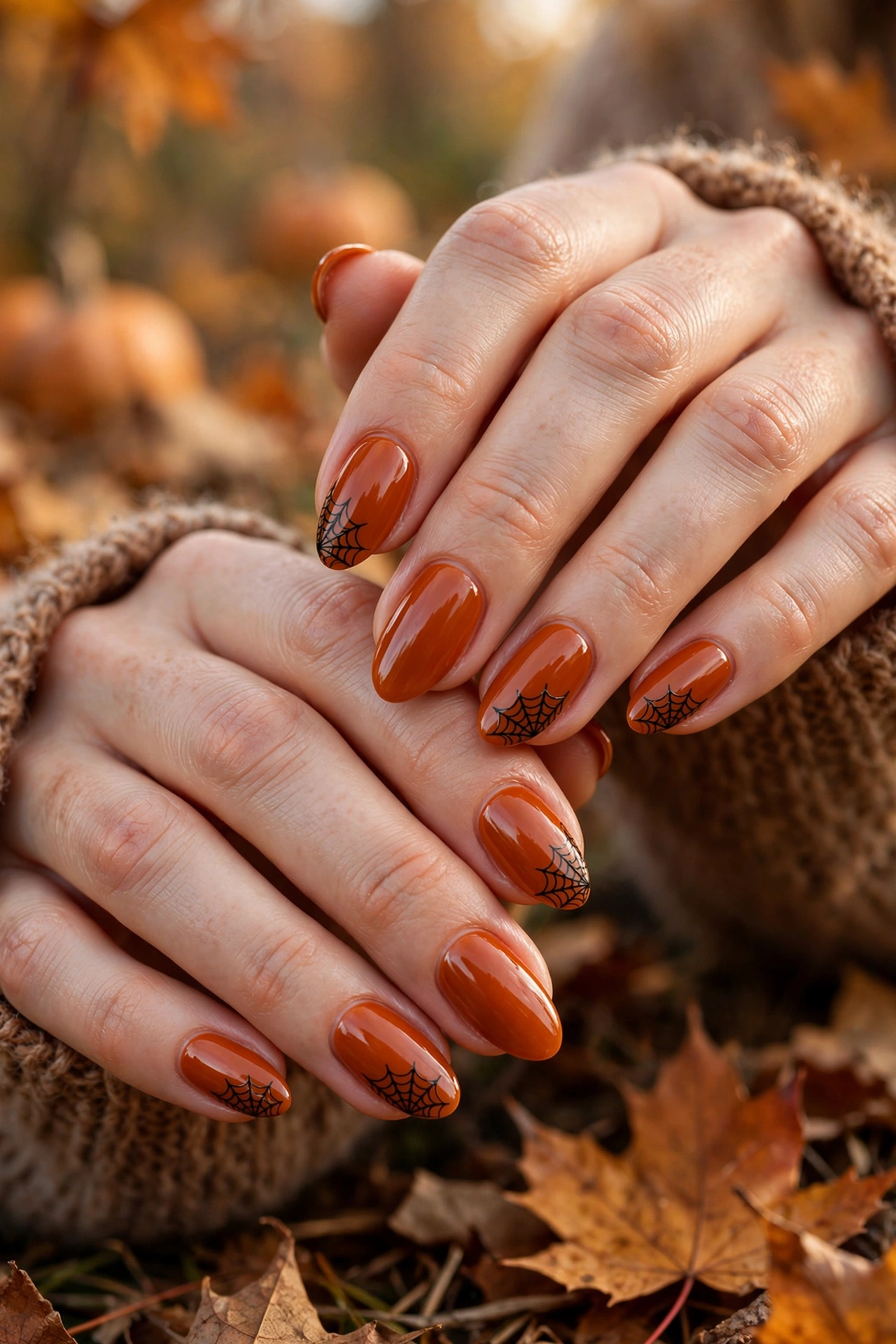 Spiderweb Halloween nails burnt orange with black corner webs on real hands