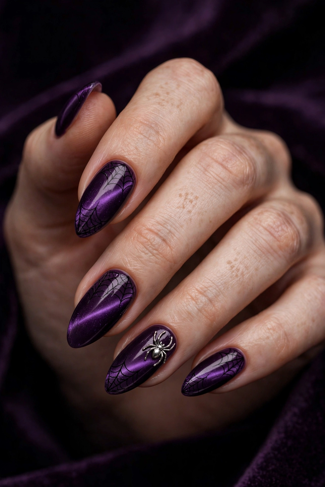 Spiderweb Halloween nails purple velvet cat eye with tiny spider charm on real hands