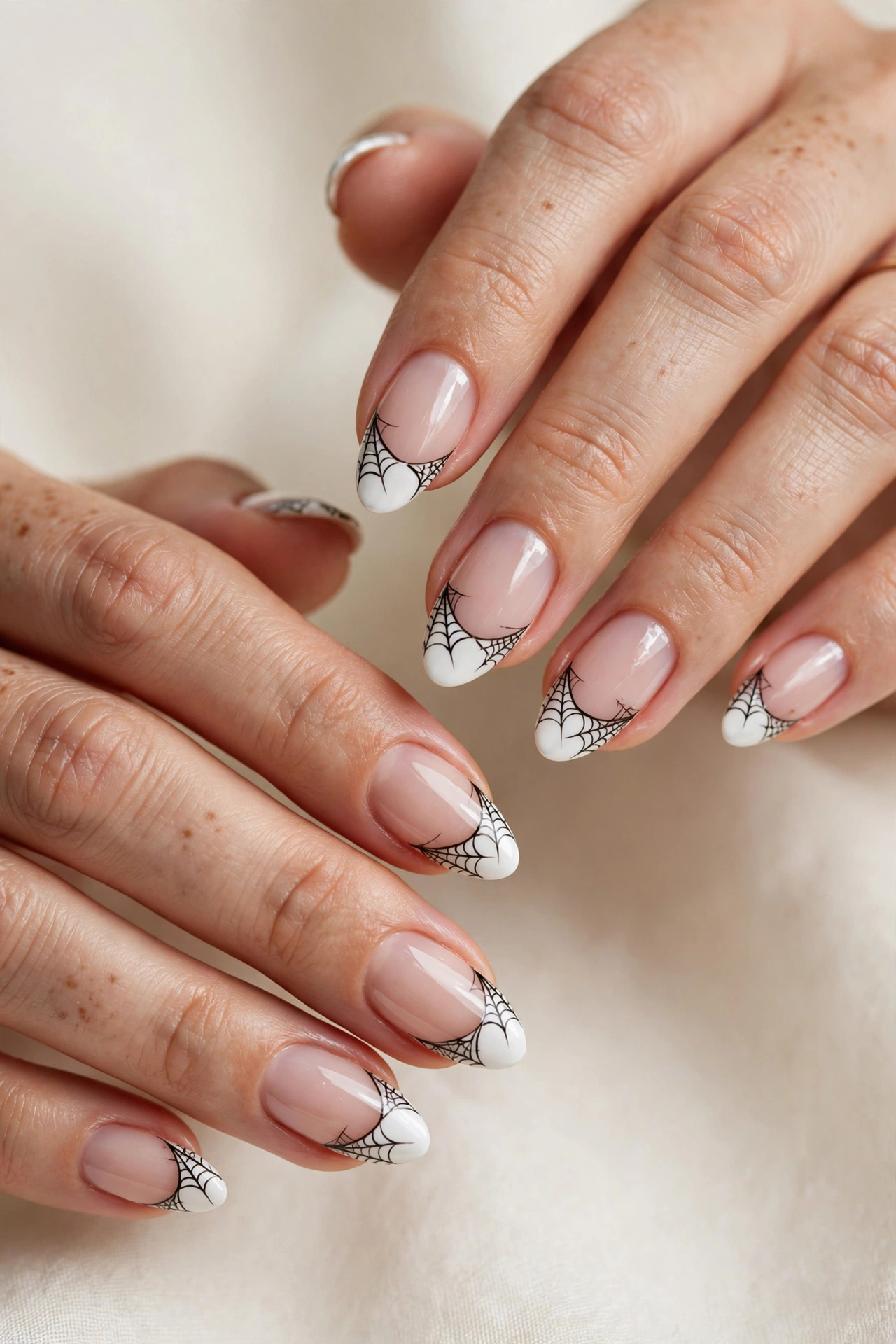 Spiderweb Halloween nails French tip webs laced across white tips on real hands