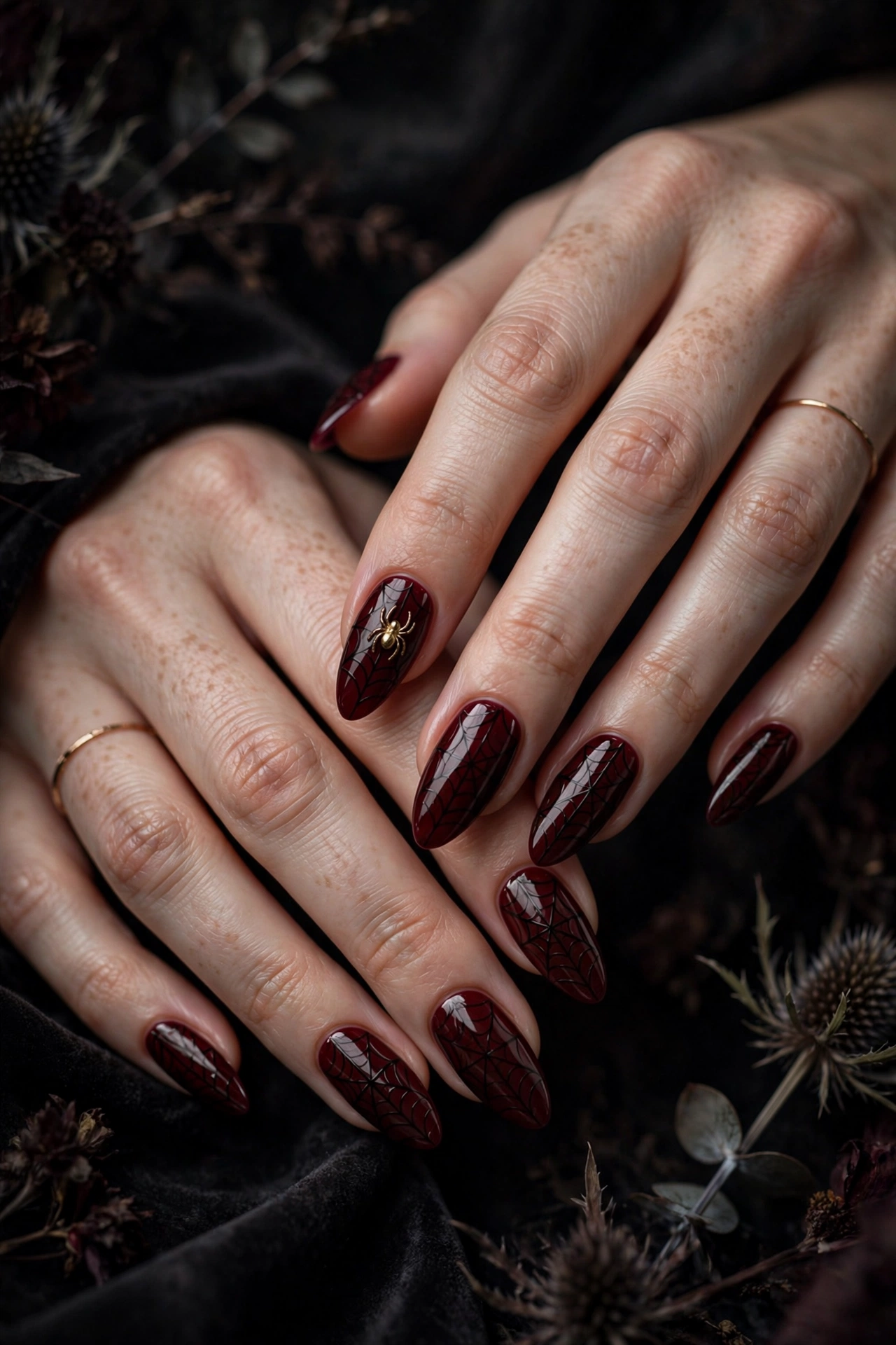 Spiderweb Halloween nails burgundy wine dark romantic webs with gold spider on real hands